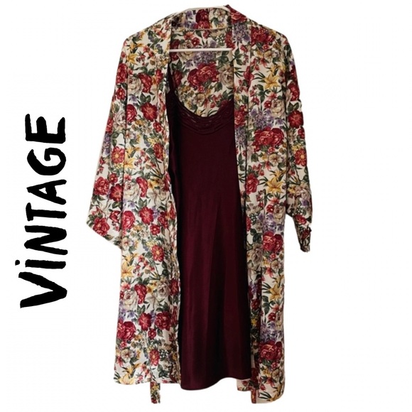 ET Vintage Set ERIKA TAYLOR Vintage 90s Silk Robe & Slip 2-Piece Set - Picture 1 of 16